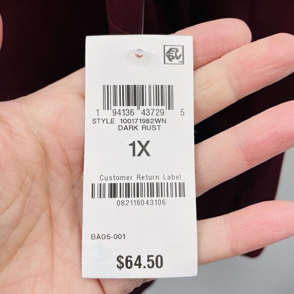 JM Collection Womens Plus Size 1X Sequined-Neck 3/4-Sleeve Top in Dark Rust 1679 - Picture 6 of 7